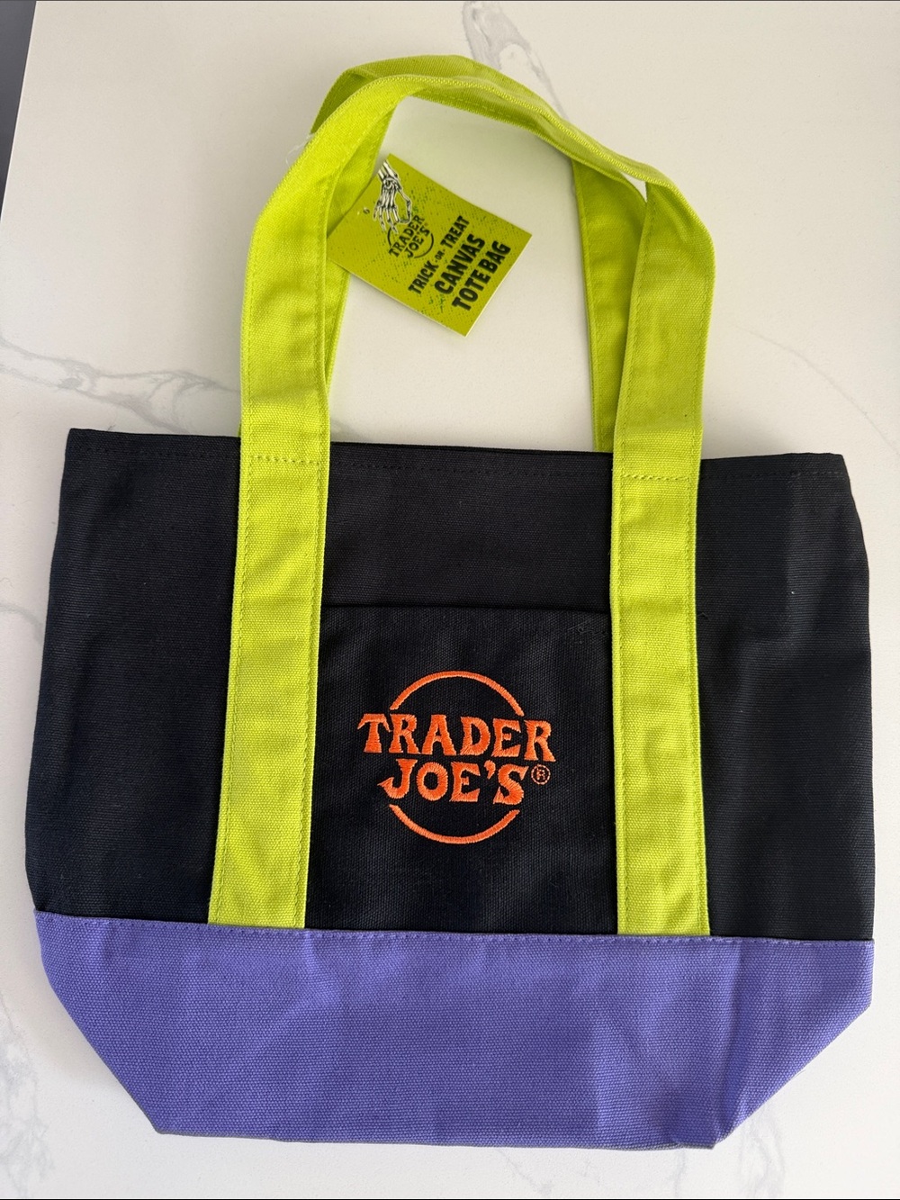 Trader Joe’s Halloween Black Canvas Tote w/Purple and Lime Handles Orange Logo